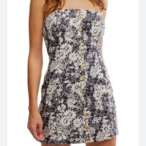 Free People Tomas Mini Dress Printed Strapless Smocked Button Zip Up size Small